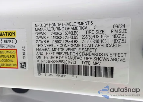 2025 Honda Cr-V Hybrid Sport z USA, uszkodzony, nr VIN 5J6RS6H59SL014933